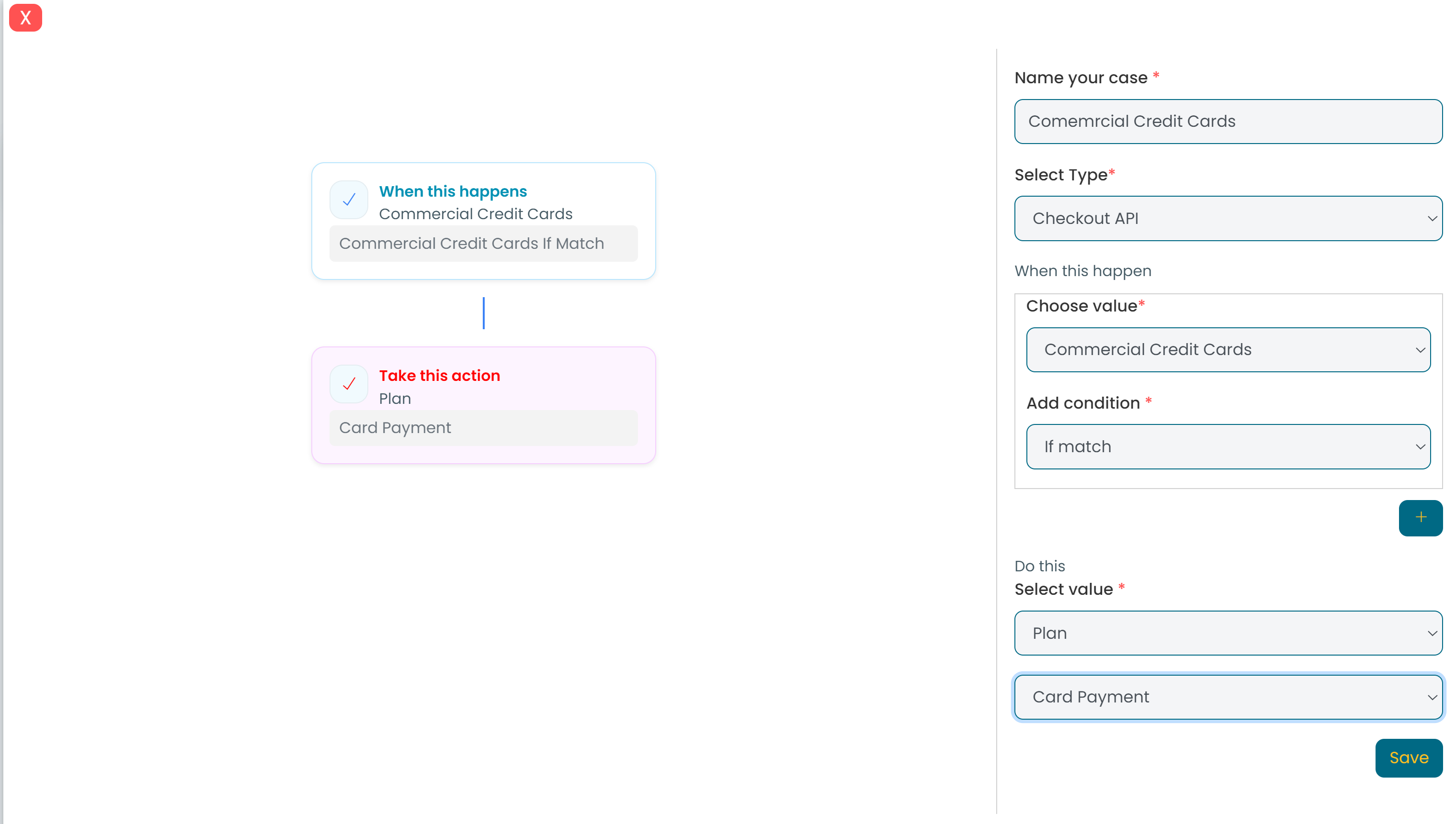 Create Payment rule screen with the When this happens to Take this action flow on the left and the rule form on the right