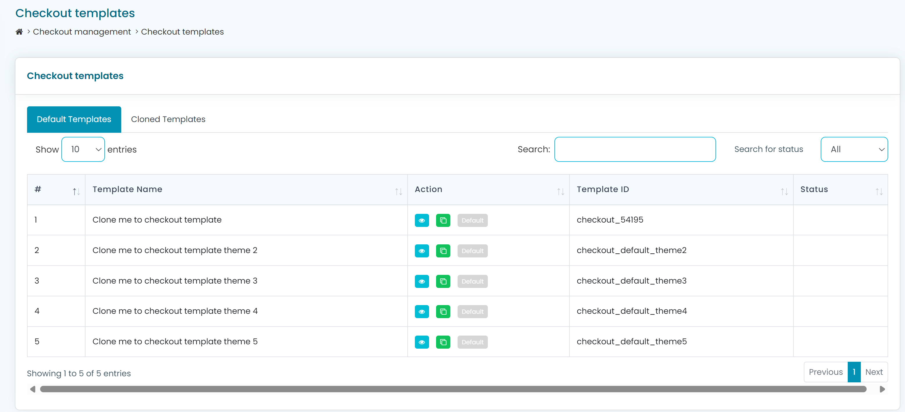 Checkout templates list with view, clone and default actions