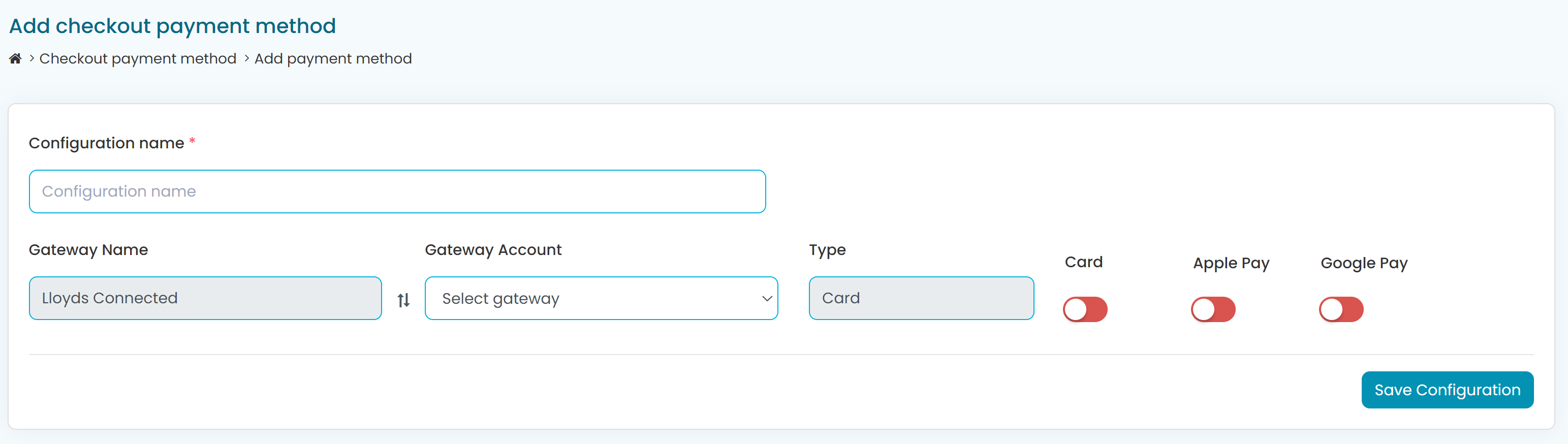 Add checkout payment method form with Card, Apple Pay and Google Pay switches