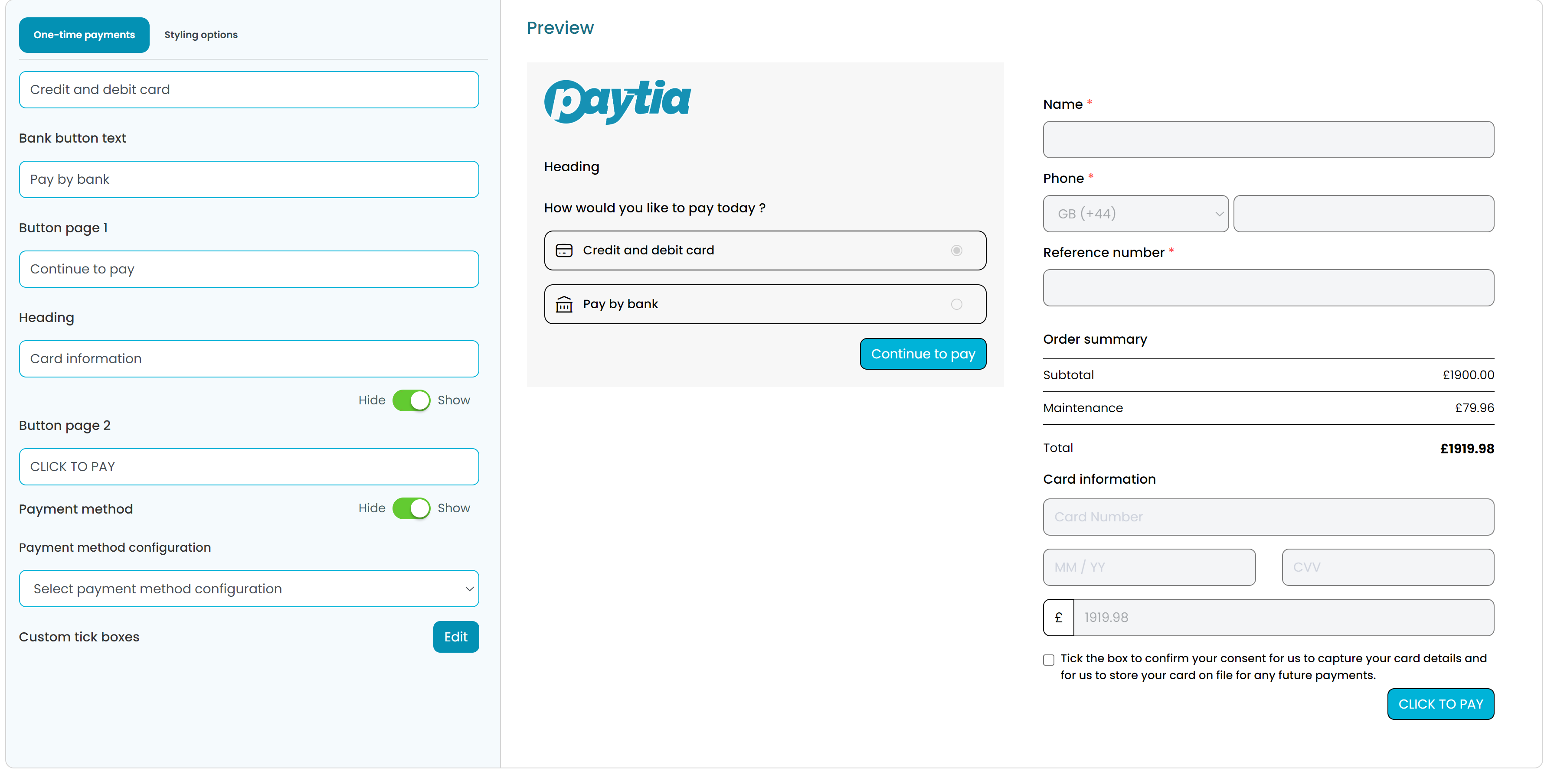Checkout template editor with payment method configuration dropdown and preview